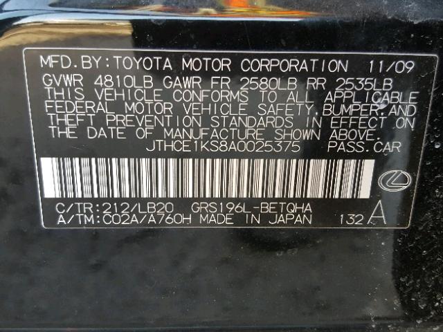 JTHCE1KS8A0025375 - 2010 LEXUS GS 350 BLACK photo 10