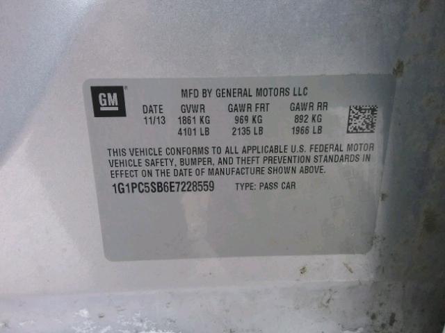 1G1PC5SB6E7228559 - 2014 CHEVROLET CRUZE LT SILVER photo 10