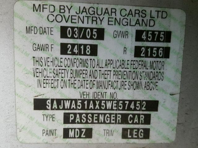 SAJWA51AX5WE57452 - 2005 JAGUAR X-TYPE 3.0 SILVER photo 10