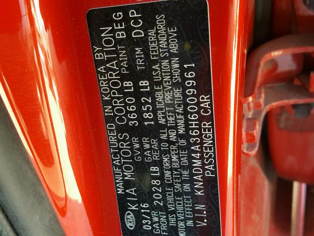 KNADM4A36H6009961 - 2017 KIA RIO LX Կարմիր լուսանկար 10