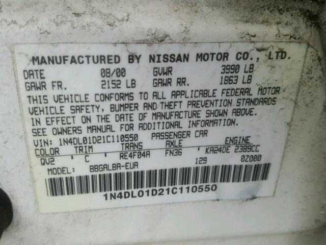 1N4DL01D21C110550 - 2001 NISSAN ALTIMA XE WHITE photo 10