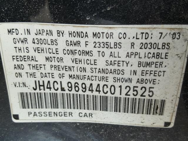 JH4CL96944C012525 - 2004 ACURA TSX GRAY photo 10