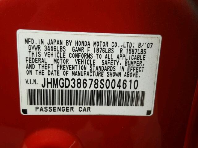 JHMGD38678S004610 - 2008 HONDA FIT SPORT RED photo 10