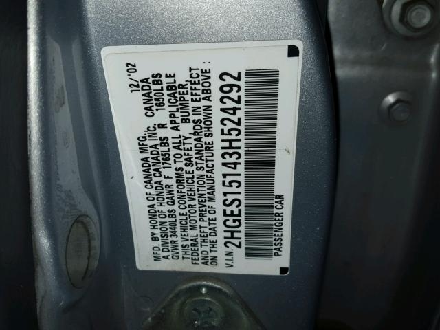 2HGES15143H524292 - 2003 HONDA CIVIC DX SILVER photo 10