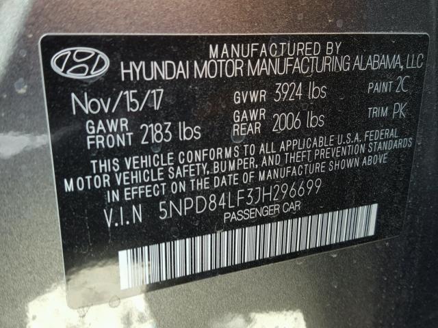 5NPD84LF3JH296699 - 2018 HYUNDAI ELANTRA SE GRAY photo 10