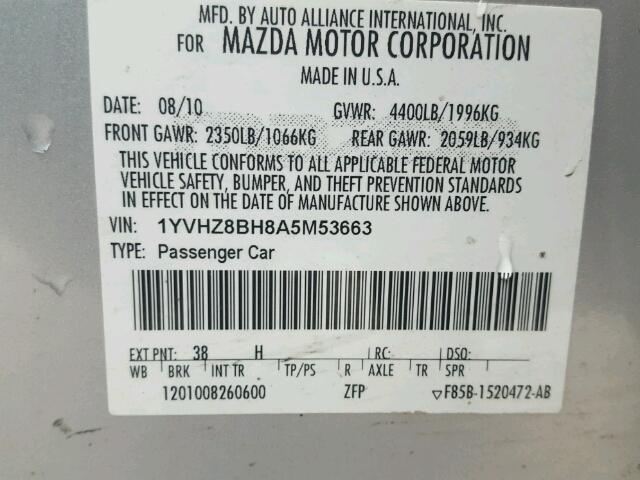 1YVHZ8BH8A5M53663 - 2010 MAZDA 6 I SILVER photo 10