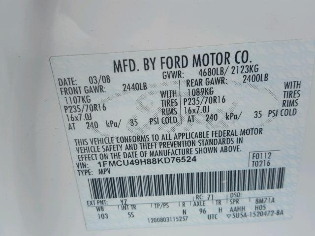 1FMCU49H88KD76524 - 2008 FORD ESCAPE HEV WHITE photo 10