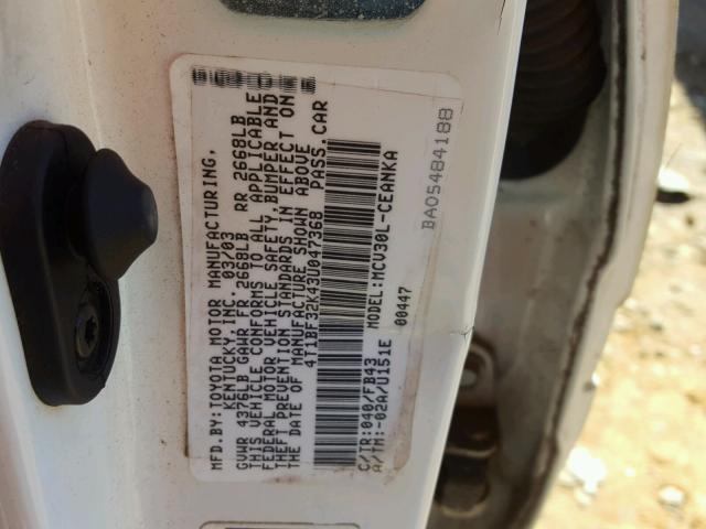 4T1BF32K43U047368 - 2003 TOYOTA CAMRY LE WHITE photo 10