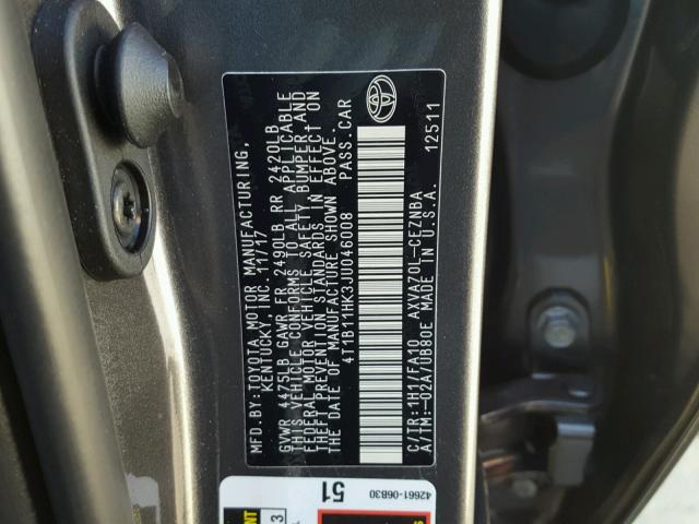 4T1B11HK3JU046008 - 2018 TOYOTA CAMRY L GRAY photo 10