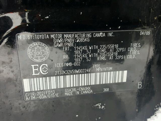 2T3ZK32V59W002248 - 2009 TOYOTA RAV4 SPORT BLACK photo 10