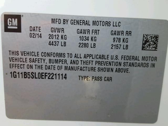 1G11B5SL0EF221114 - 2014 CHEVROLET MALIBU LS 白色 照片 10