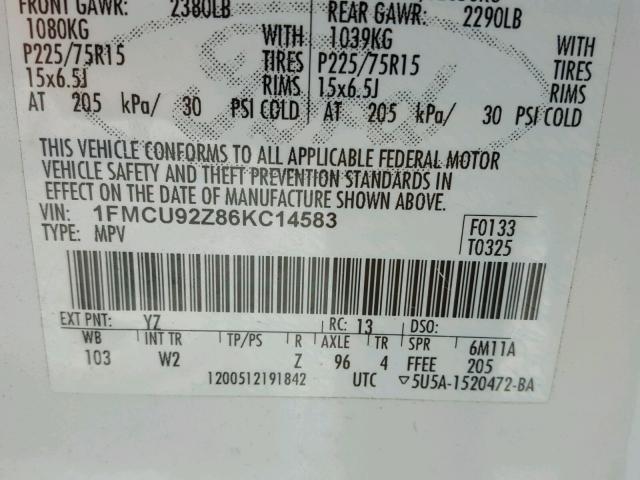 1FMCU92Z86KC14583 - 2006 FORD ESCAPE XLS WHITE photo 10