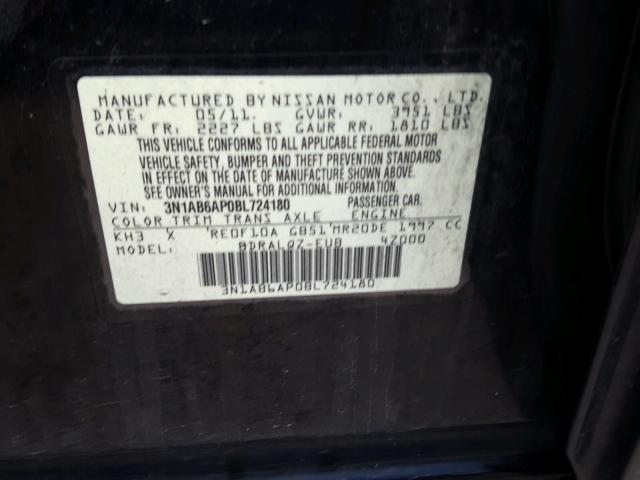 3N1AB6AP0BL724180 - 2011 NISSAN SENTRA 2.0 BLACK photo 10