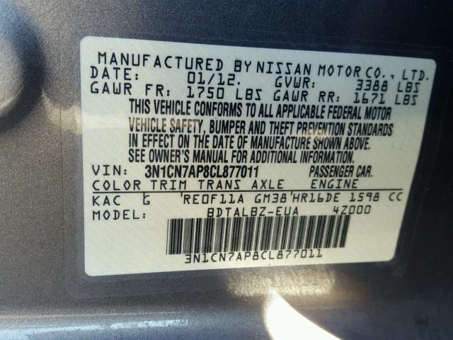 3N1CN7AP8CL877011 - 2012 NISSAN VERSA S GRAY photo 10