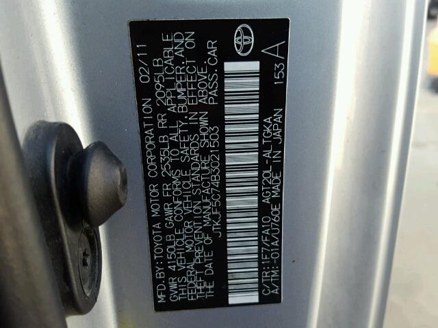 JTKJF5C74B3021503 - 2011 TOYOTA SCION TC 银色 照片 10