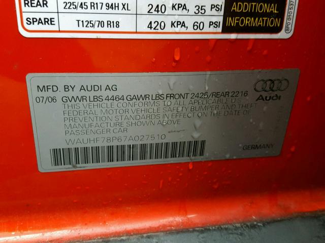 WAUHF78P67A027510 - 2007 AUDI A3 2 RED photo 10