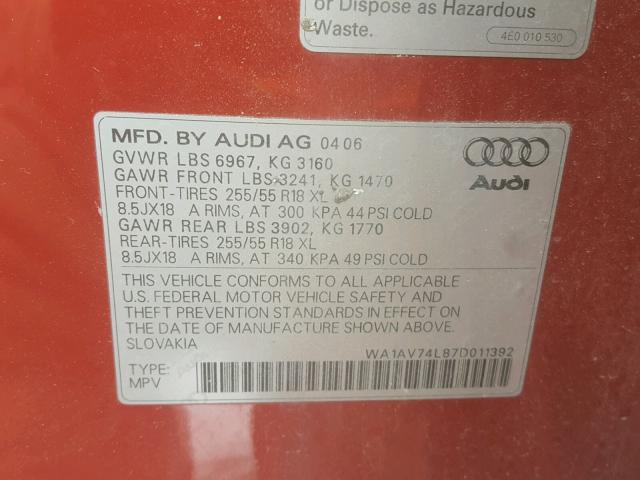 WA1AV74L87D011392 - 2007 AUDI Q7 4.2 QUA RED photo 10