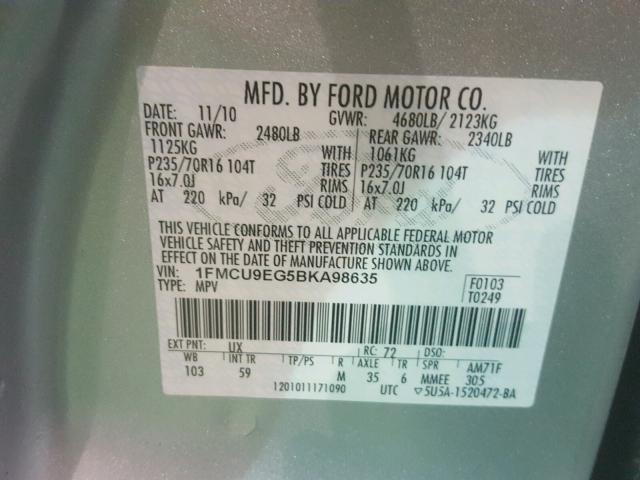 1FMCU9EG5BKA98635 - 2011 FORD ESCAPE LIM SILVER photo 10