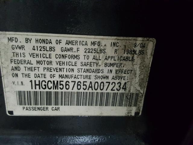 1HGCM56765A007234 - 2005 HONDA ACCORD EX GRAY photo 10