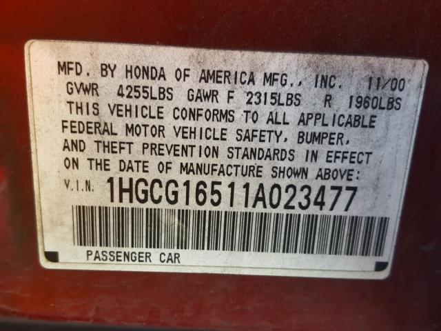 1HGCG16511A023477 - 2001 HONDA ACCORD EX RED photo 10