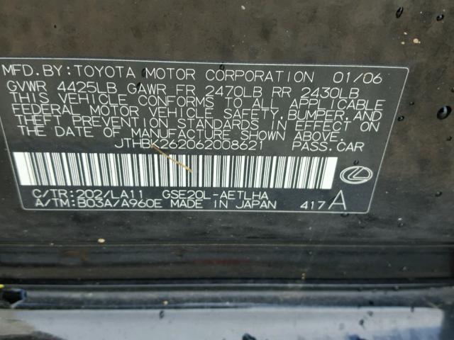 JTHBK262062008621 - 2006 LEXUS IS 250 BLACK photo 10