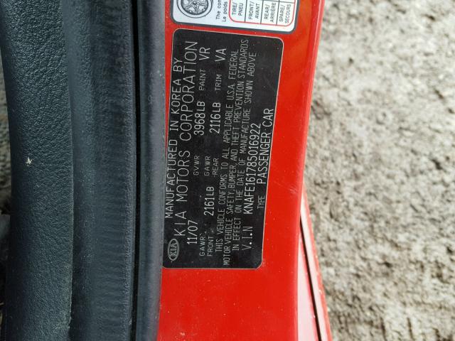 KNAFE161785016922 - 2008 KIA SPECTRA5 5 RED photo 10