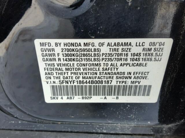 5FNYF18644B008187 - 2004 HONDA PILOT EXL BLACK photo 10