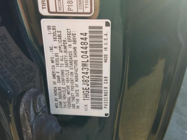 1HGEJ8243WL044844 - 1998 HONDA CIVIC EX GREEN photo 10