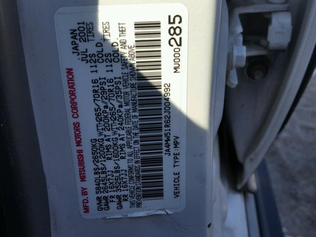 JA4MW51R62J004992 - 2002 MITSUBISHI MONTERO LI WHITE photo 10