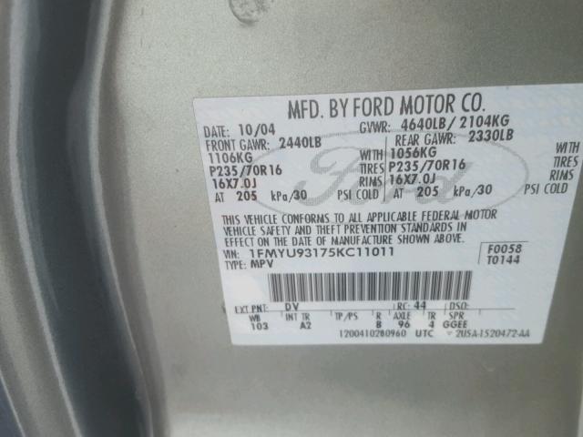 1FMYU93175KC11011 - 2005 FORD ESCAPE XLT GREEN photo 10