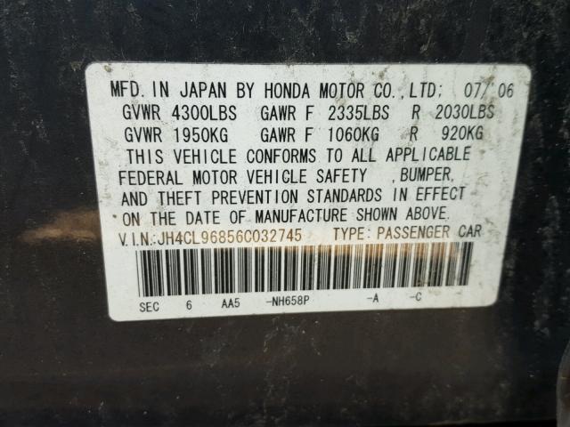 JH4CL96856C032745 - 2006 ACURA TSX GRAY photo 10