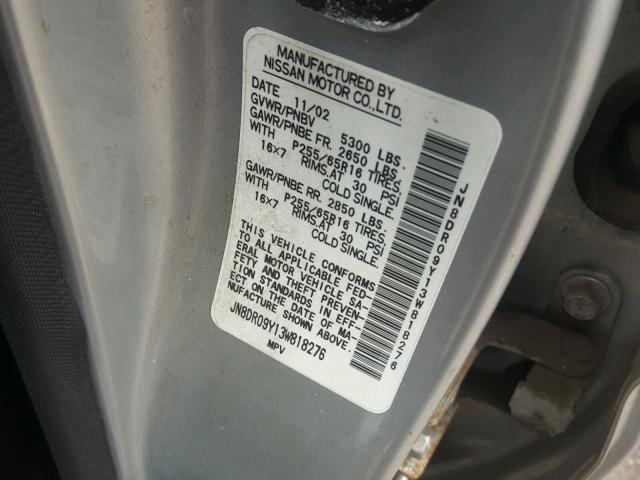 JN8DR09Y13W818276 - 2003 NISSAN PATHFINDER SILVER photo 10