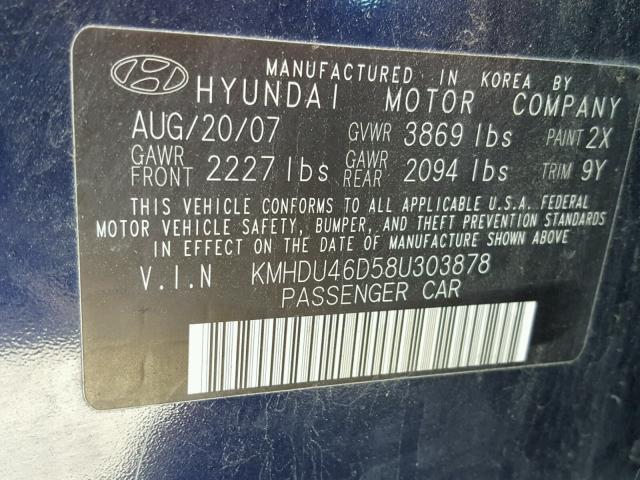 KMHDU46D58U303878 - 2008 HYUNDAI ELANTRA GL BLUE photo 10