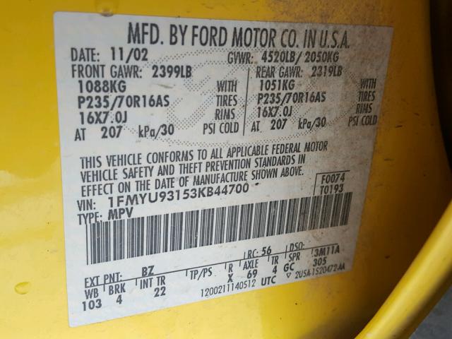 1FMYU93153KB44700 - 2003 FORD ESCAPE XLT YELLOW photo 10