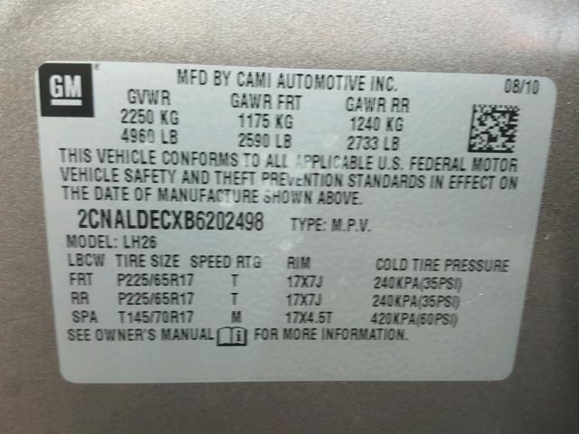 2CNALDECXB6202498 - 2011 CHEVROLET EQUINOX LT GRAY photo 10