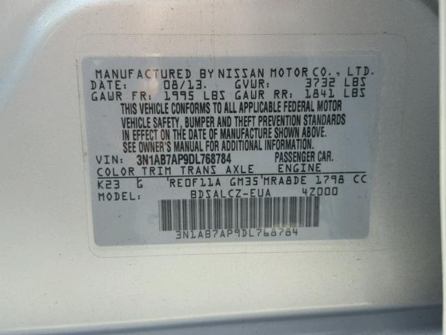 3N1AB7AP9DL768784 - 2013 NISSAN SENTRA S SILVER photo 10