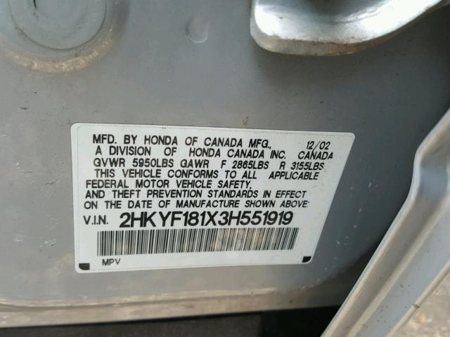 2HKYF181X3H551919 - 2003 HONDA PILOT LX SILVER photo 10