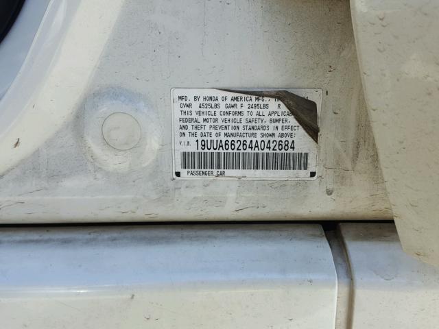 19UUA66264A042684 - 2004 ACURA TL WHITE photo 10