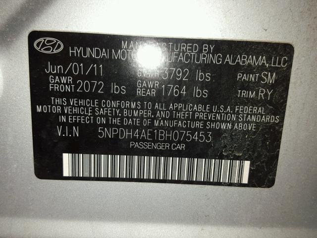 5NPDH4AE1BH075453 - 2011 HYUNDAI ELANTRA GL SILVER photo 10