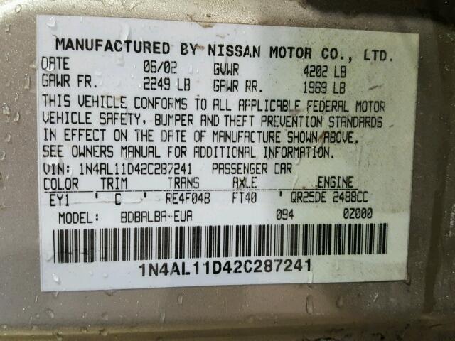 1N4AL11D42C287241 - 2002 NISSAN ALTIMA BAS GOLD photo 10