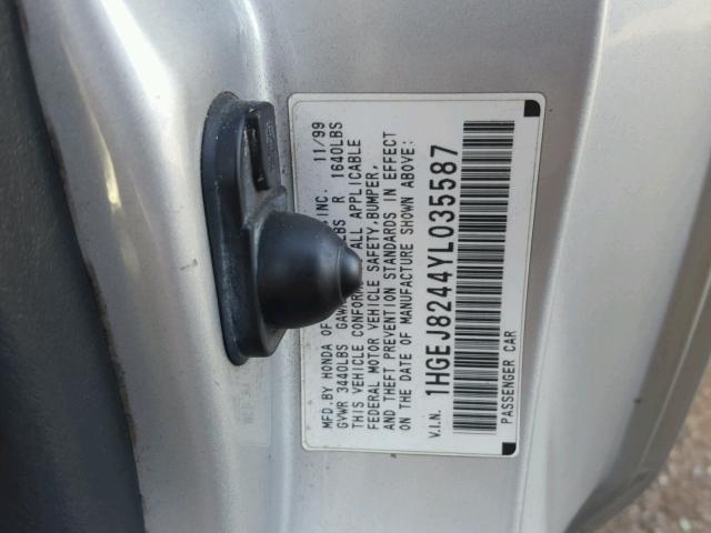 1HGEJ8244YL035587 - 2000 HONDA CIVIC EX ვერცხლისფერი ფოტო 10