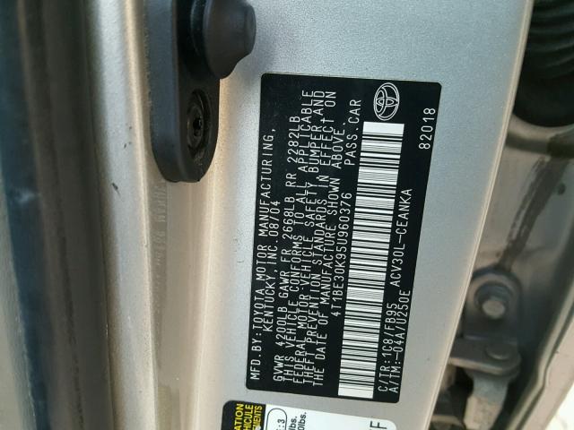 4T1BE30K95U960376 - 2005 TOYOTA CAMRY LE SILVER photo 10