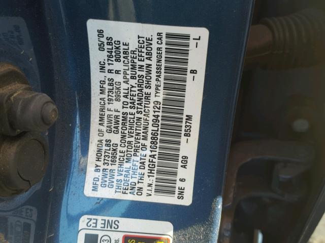 1HGFA16886L094129 - 2006 HONDA CIVIC EX ლურჯი ფოტო 10