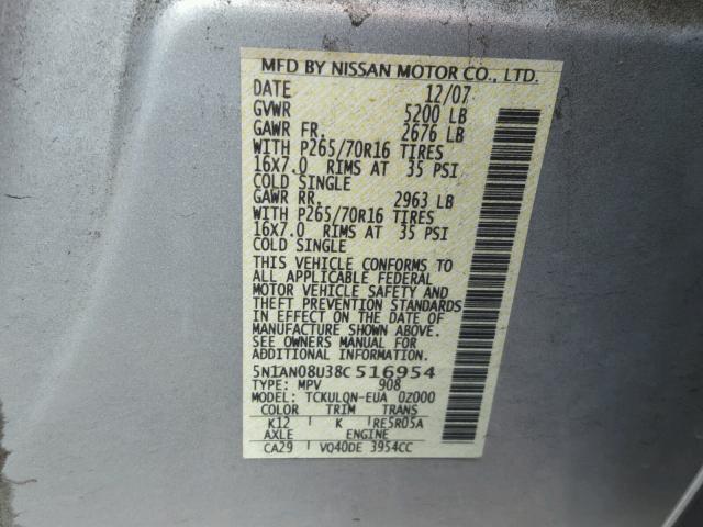 5N1AN08U38C516954 - 2008 NISSAN XTERRA OFF SILVER photo 10