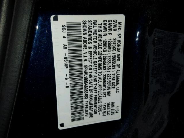 5FNRL18964B058483 - 2004 HONDA ODYSSEY EX BLUE photo 10