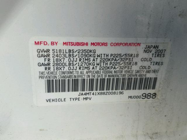 JA4MT41X88Z008196 - 2008 MITSUBISHI OUTLANDER WHITE photo 10