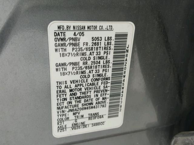 JN8AZ08W45W431792 - 2005 NISSAN MURANO SL GRAY photo 10