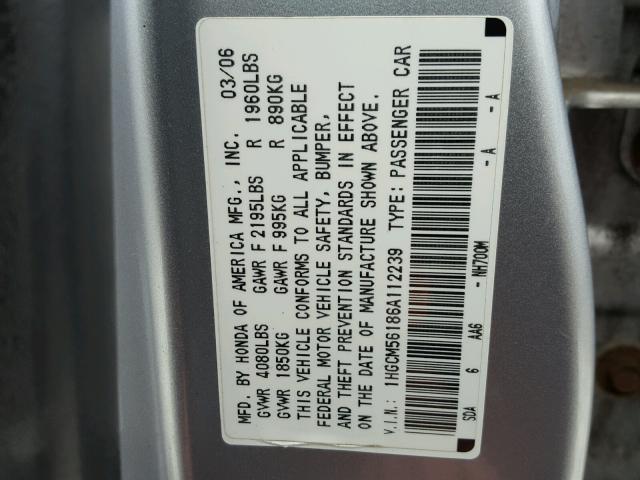 1HGCM56186A112239 - 2006 HONDA ACCORD VAL SILVER photo 10