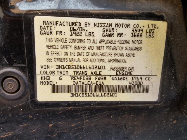 3N1CB51D66L602101 - 2006 NISSAN SENTRA 1.8 BLACK photo 10