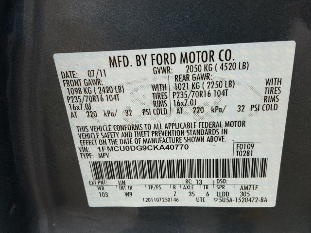 1FMCU0DG9CKA40770 - 2012 FORD ESCAPE XLT BLUE photo 10